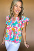 Abstract Print Notched Neck Flutter Sleeve Blouse